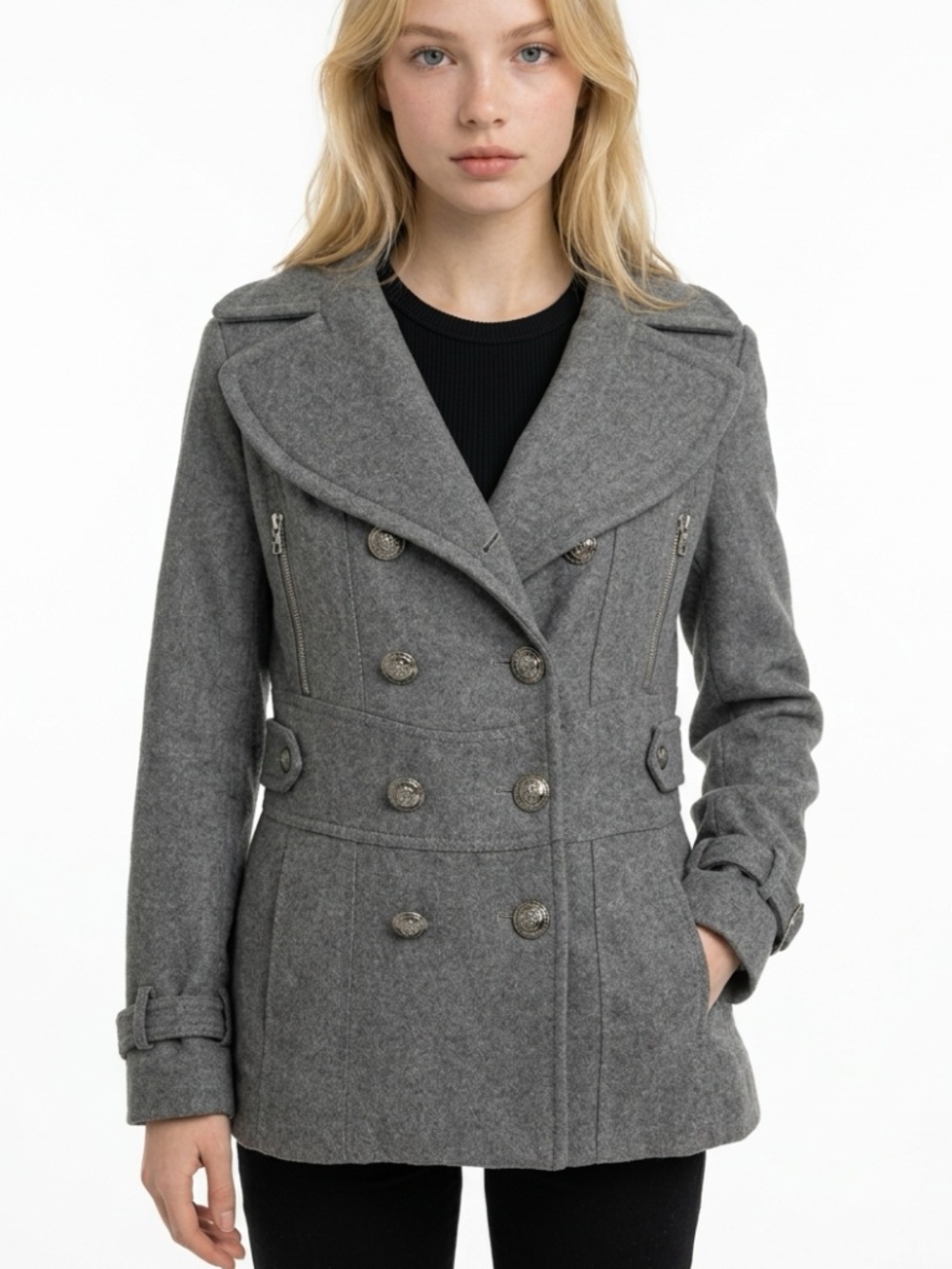MISS SIXTY • M60 Y2K Gray Wool Military Peacoat Anchor Buttons Size M